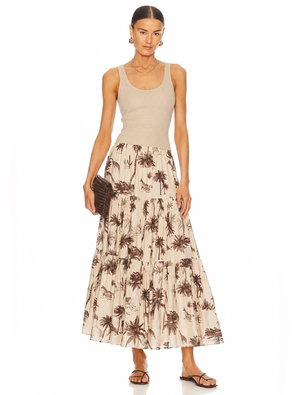 Banana Republic Safari Jungle Print Tiered Linen Midi Skirt Size 6 Ivory Brown A